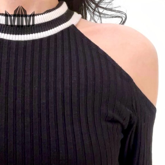 Revolve LNA l Black White Stripe Ribbed Long Sleeve Top with Shoulder Cutouts - Picture 4 of 6